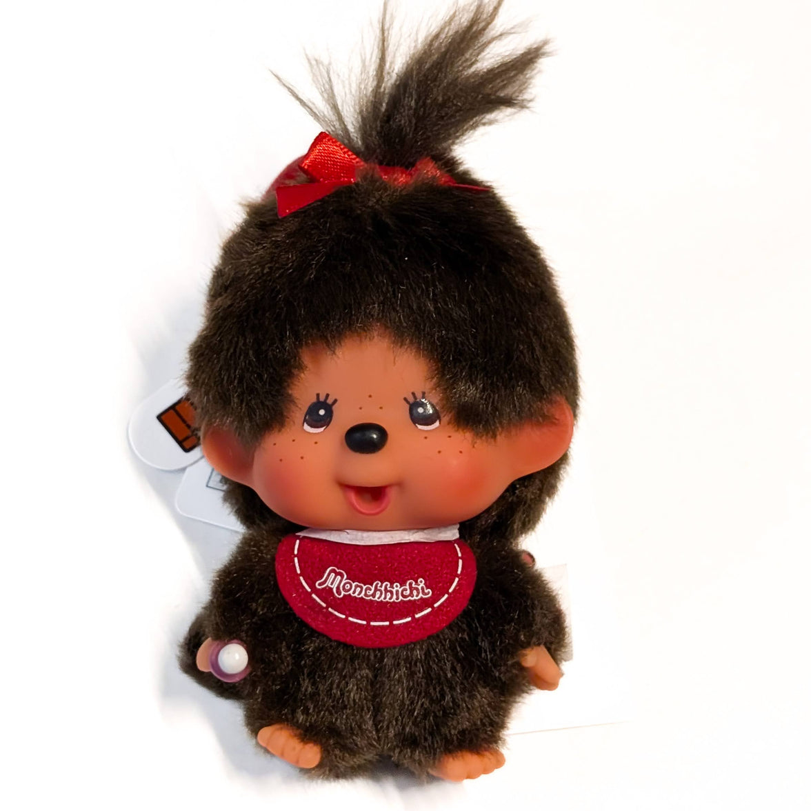 Sekiguchi Monchhichi Classic Big Head Girl Plush 4 inch mascot clip with red bow and bib accessory