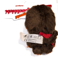 Sekiguchi Monchhichi Classic Big Head Girl 4-inch plush mascot clip viewed from back with red bow and tag