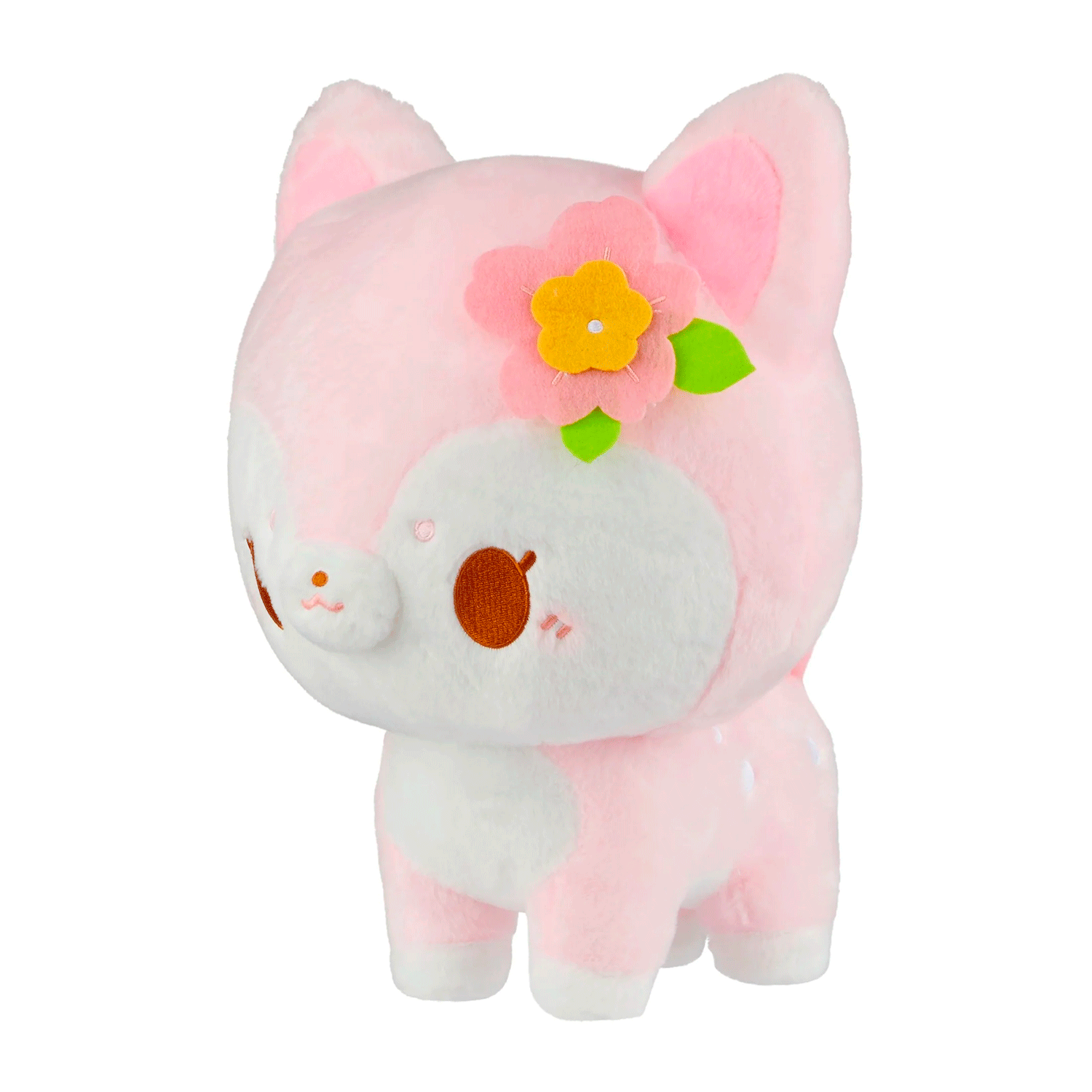 Birduyen Speckle pink deer plush with flower accessory soft kawaii companion toy standing side view
