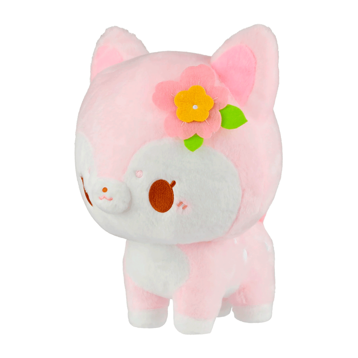 Birduyen Speckle pink deer plush with flower accessory soft kawaii companion toy standing side view