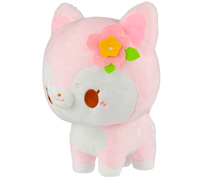 Birduyen Speckle pink deer plush with flower accessory soft kawaii companion toy standing side view