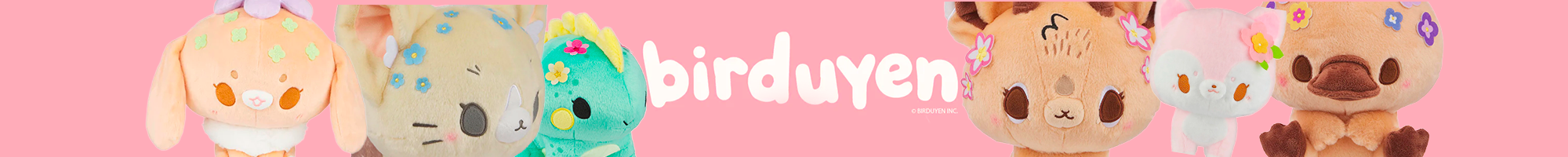 Collection of pastel-colored plush animal toys arranged against a pink background with white text above