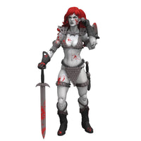 Red-haired fantasy warrior figure in gray armor holding a weathered sword