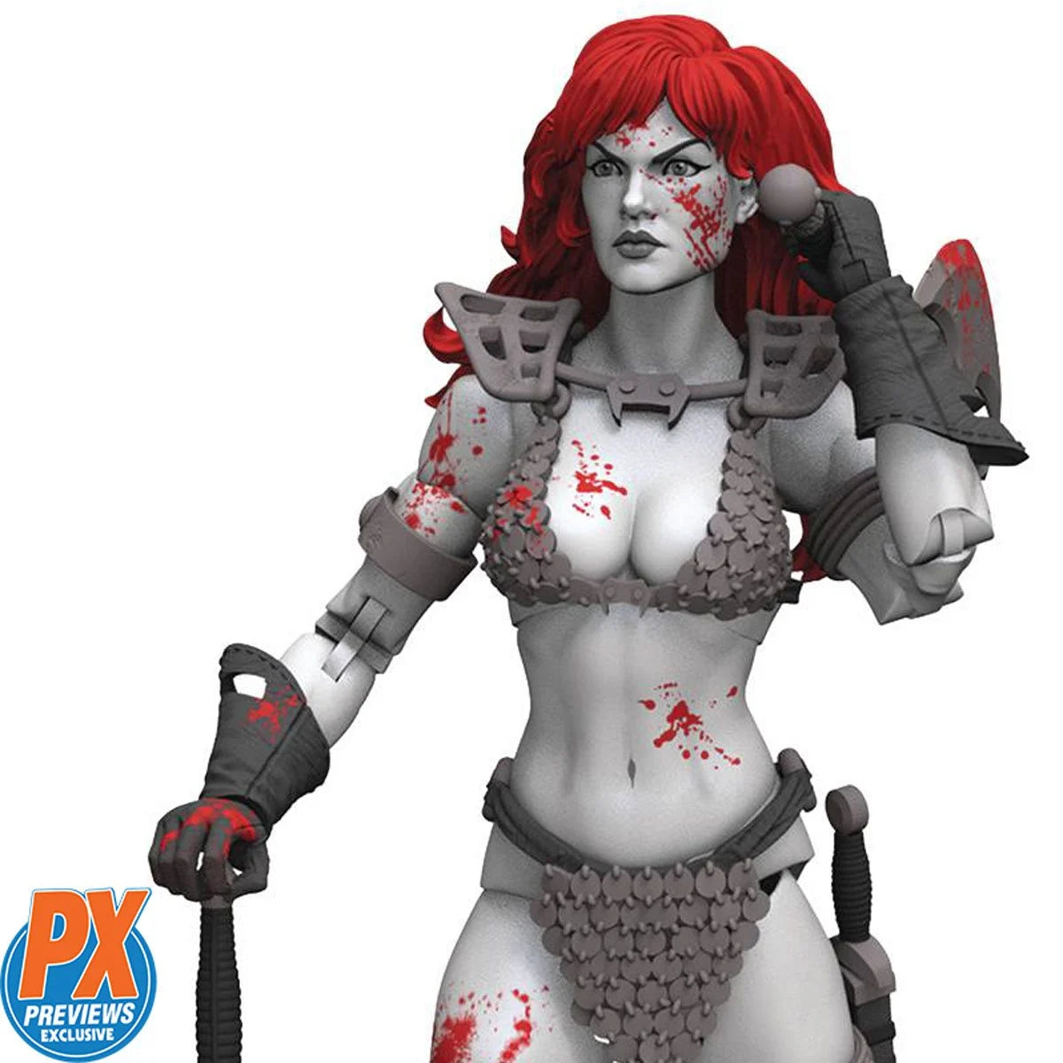 Red-haired gray armored female action figure with blood splatter and PX Previews logo