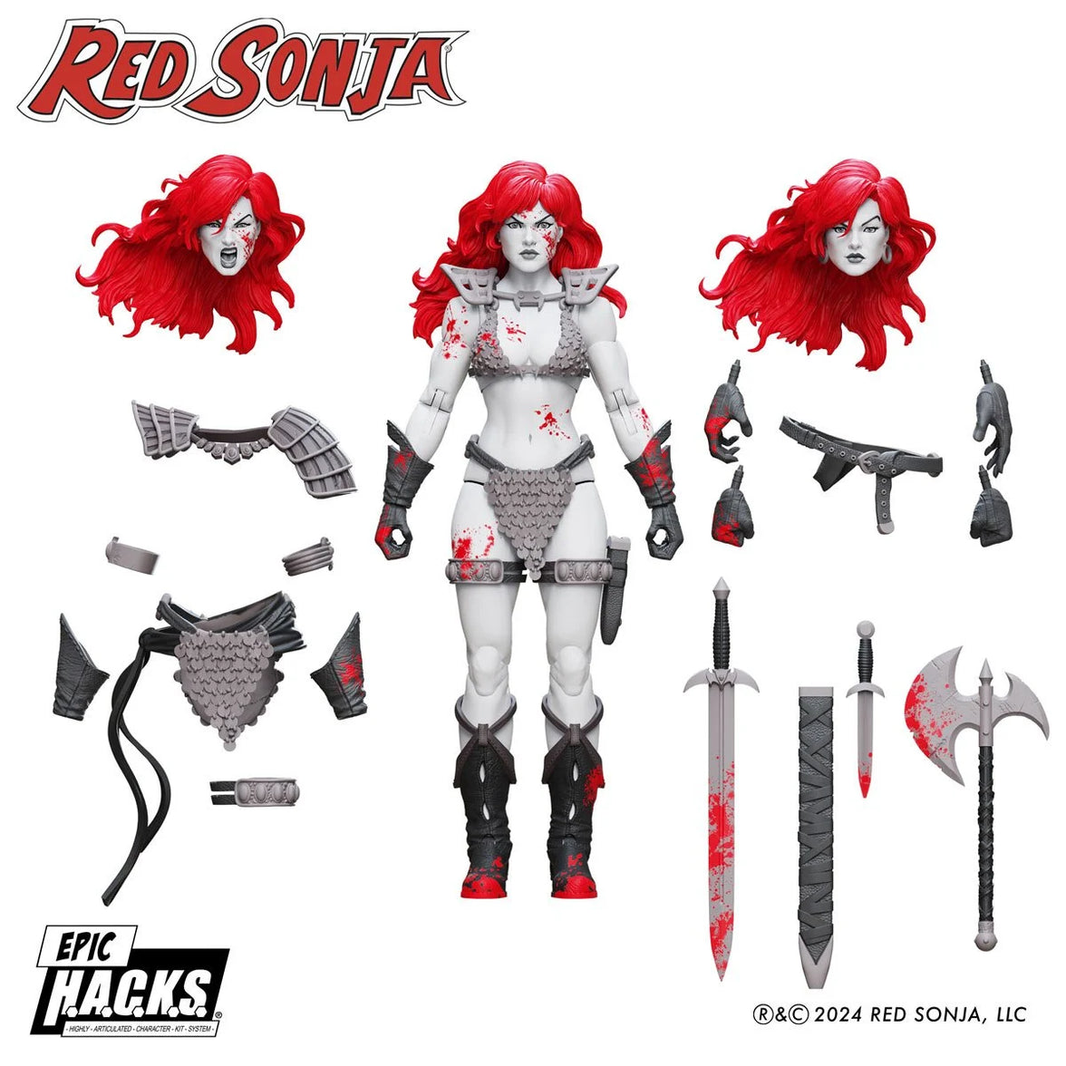 Red Sonja figure surrounded by interchangeable heads, armor pieces, hands, and blood stained weapons