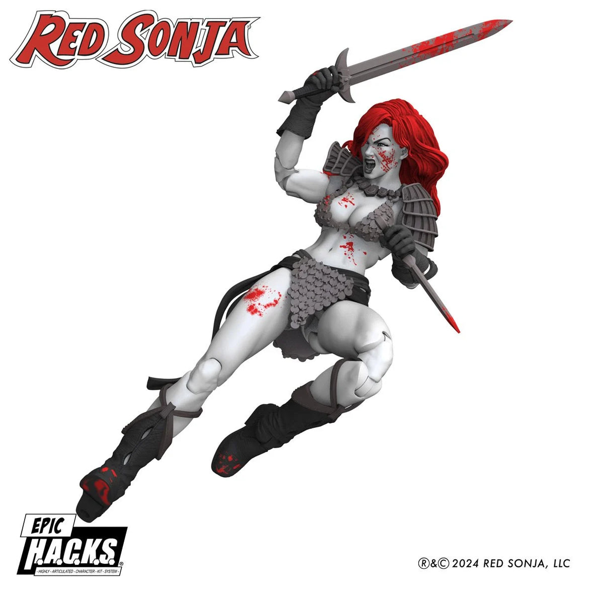 Red Sonja wielding a sword and dagger in armor, with Red Sonja and Epic Hacks logos