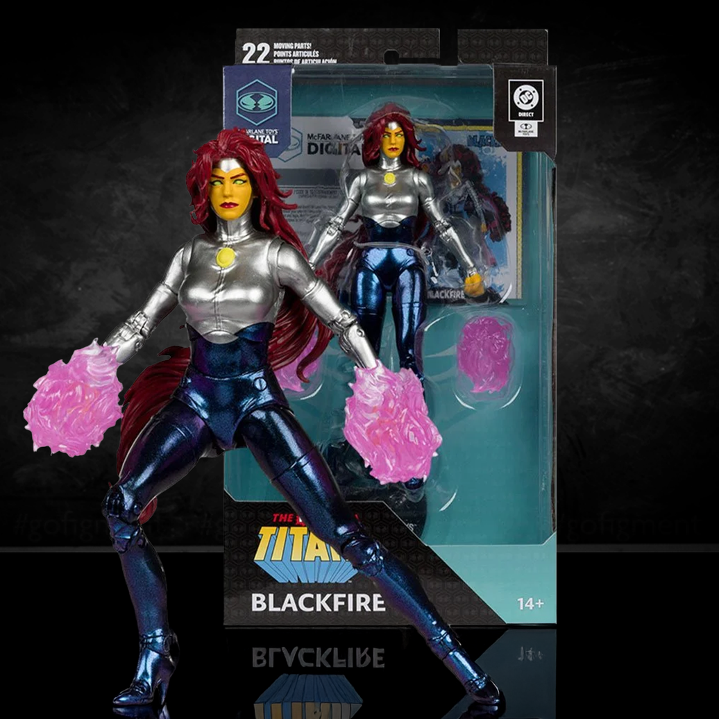 McFarlane 7-inch Blackfire action figure with purple energy effects and packaging from The New Teen Titans series