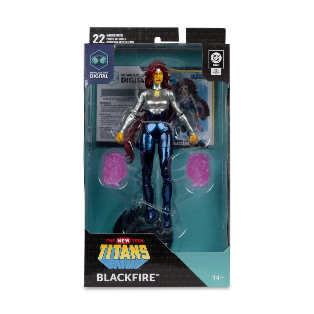 McFarlane 7-inch Blackfire figure from The New Teen Titans with metallic outfit, accessories, and collectible card in packaging