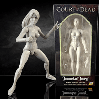 Boss Fight Studio Llc Immortal Ivory female blank 1:18 scale action figure posed next to Court of the Dead packaging