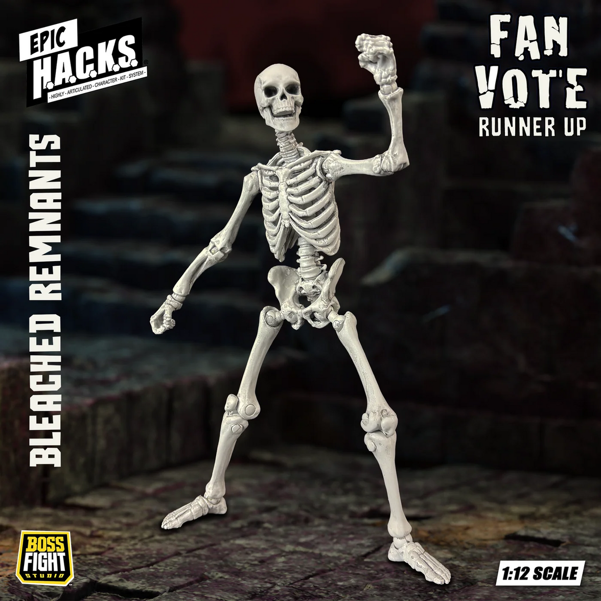 Bleached Remnants skeleton figure raising one fist against a dark stone background with Fan Vote Runner Up text