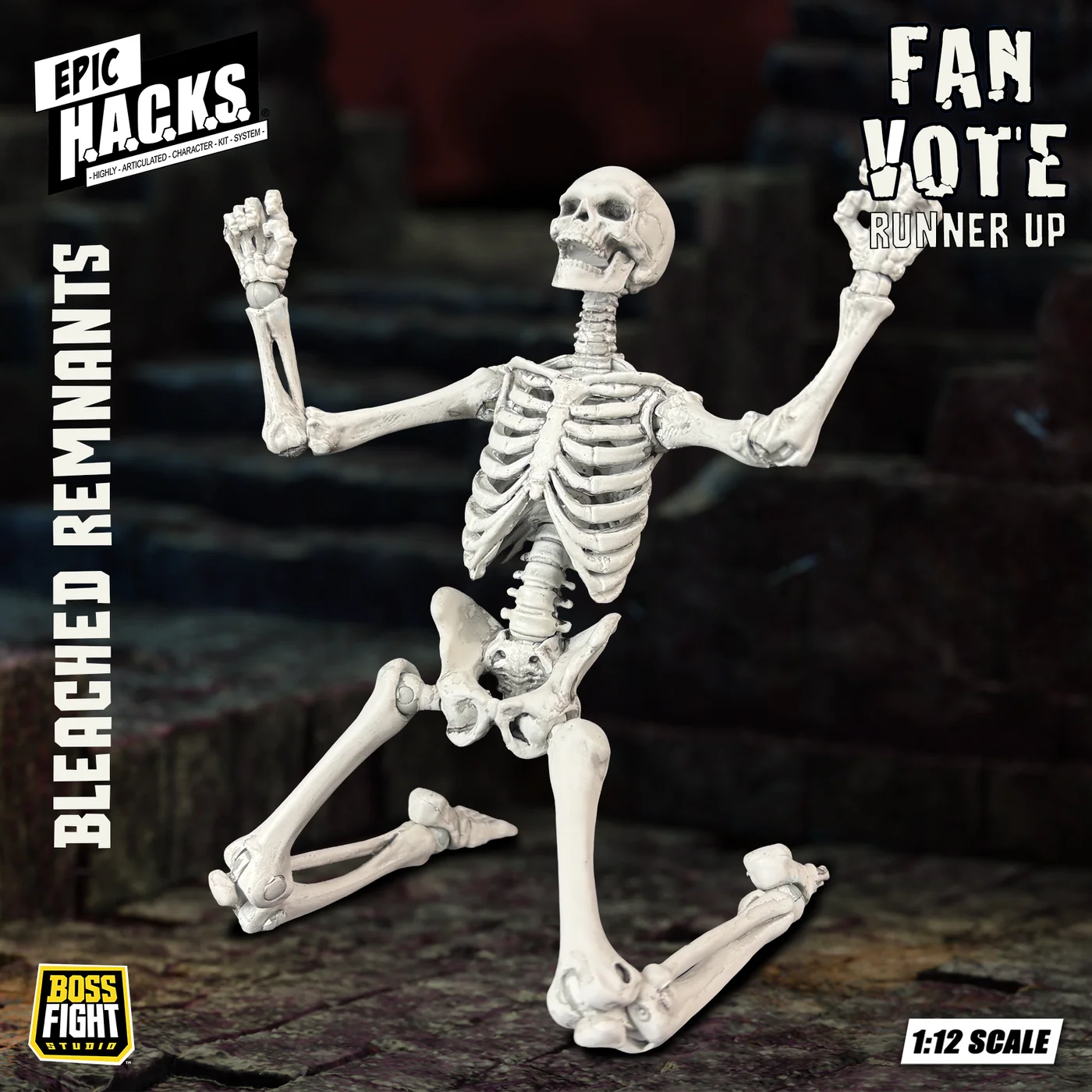 Bleached Remnants skeleton figure posed with raised arms, featuring Fan Vote Runner Up and 1 12 scale labels
