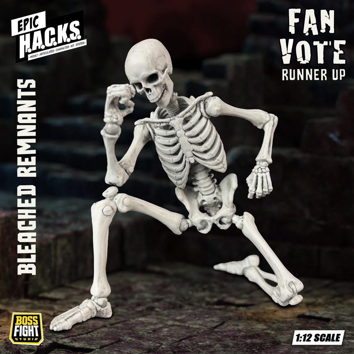 Posable skeleton figure crouching on a stone floor with Epic H.A.C.K.S. and Fan Vote Runner Up text