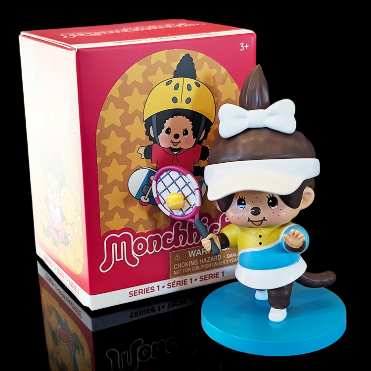 Sekiguchi Monchhichi Girl Tennis Player vinyl figure in blue skirt with racket and ball on blue court base