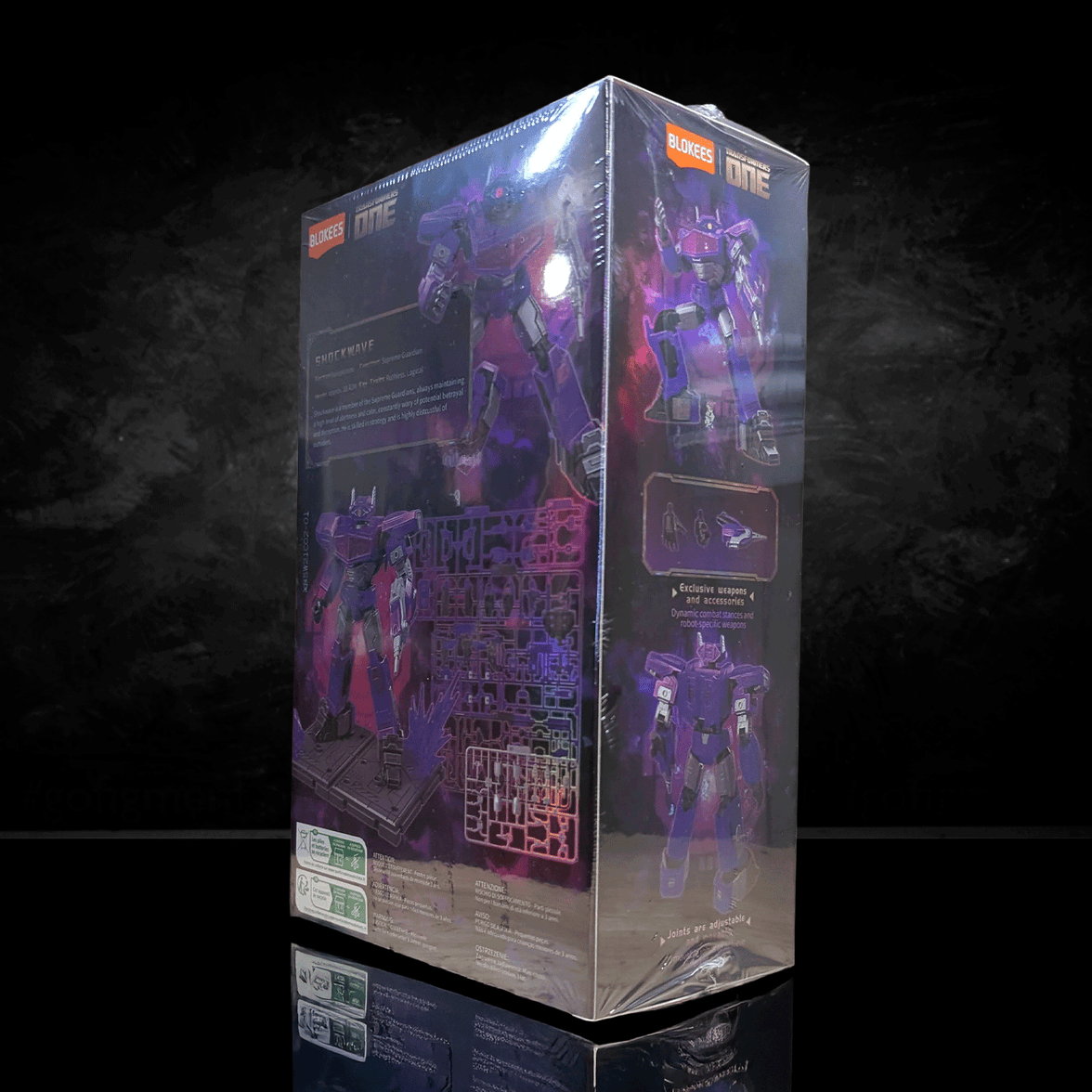 Blokees Transformers Classic Class Shockwave model kit box with purple robot and assembly parts on black background