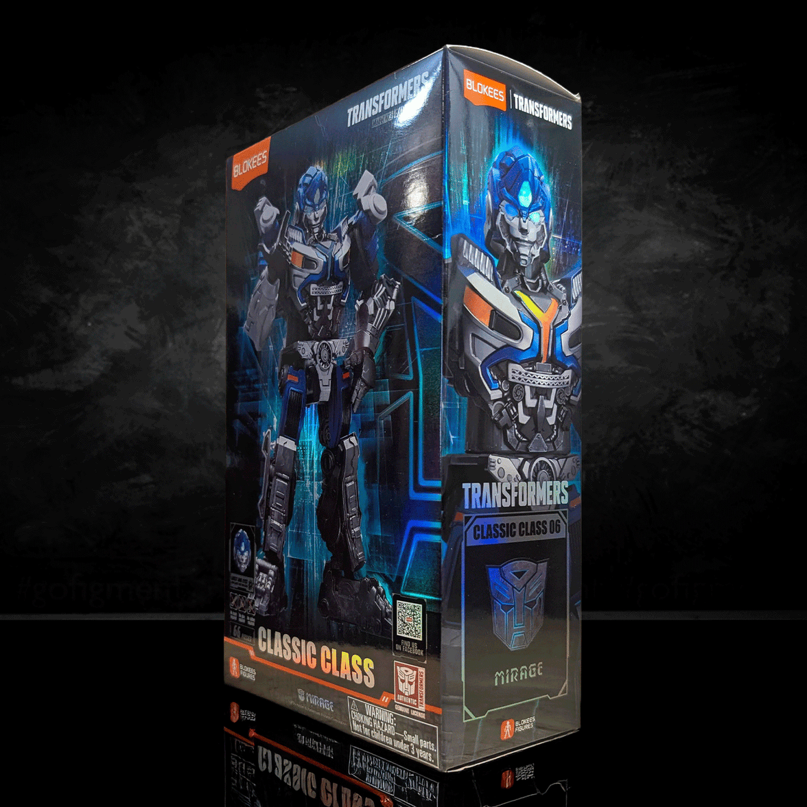 Blokees Transformers Classic Class Mirage 06 model kit packaging with detailed robot figure on black background by Hasbro