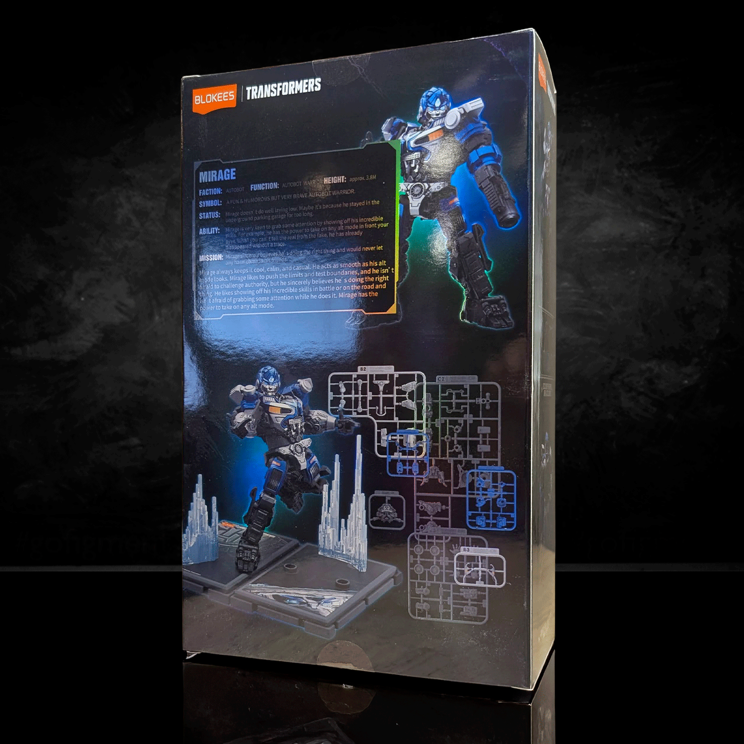 Hasbro Transformers Classic Class Mirage Blokees model kit box showing assembled figure and parts on display