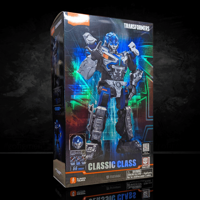Transformers Classic Class Mirage Blokees model kit box with blue robot figure and Hasbro branding on dark background