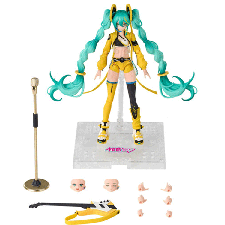Blokees 17cm Hatsune Miku model kit with vibrant twin tails, yellow outfit, microphone stand, guitar, and interchangeable hands and faces