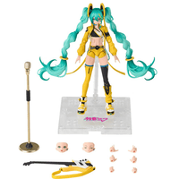 Blokees 17cm Hatsune Miku model kit with vibrant twin tails, yellow outfit, microphone stand, guitar, and interchangeable hands and faces