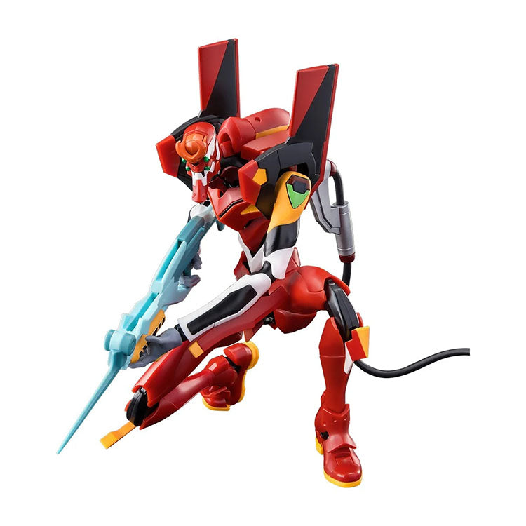 Hasbro Neon Genesis Evangelion Unit 02 Action Edition model kit posed holding a blue weapon on one knee