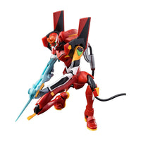 Hasbro Neon Genesis Evangelion Unit 02 Action Edition model kit posed holding a blue weapon on one knee