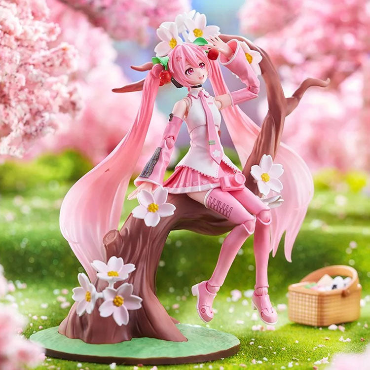 Blokees Sakura Miku model kit seated on cherry blossom tree branch with detailed pink outfit and spring flowers