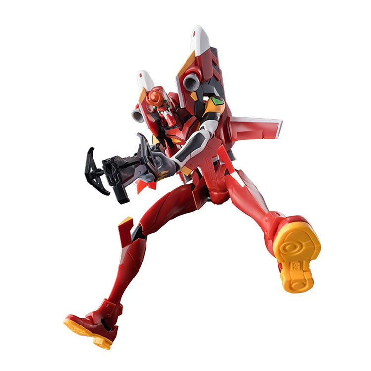 Hasbro Neon Genesis Evangelion Unit 02 Action Edition model kit posed dynamically in mid-air with weapon accessory