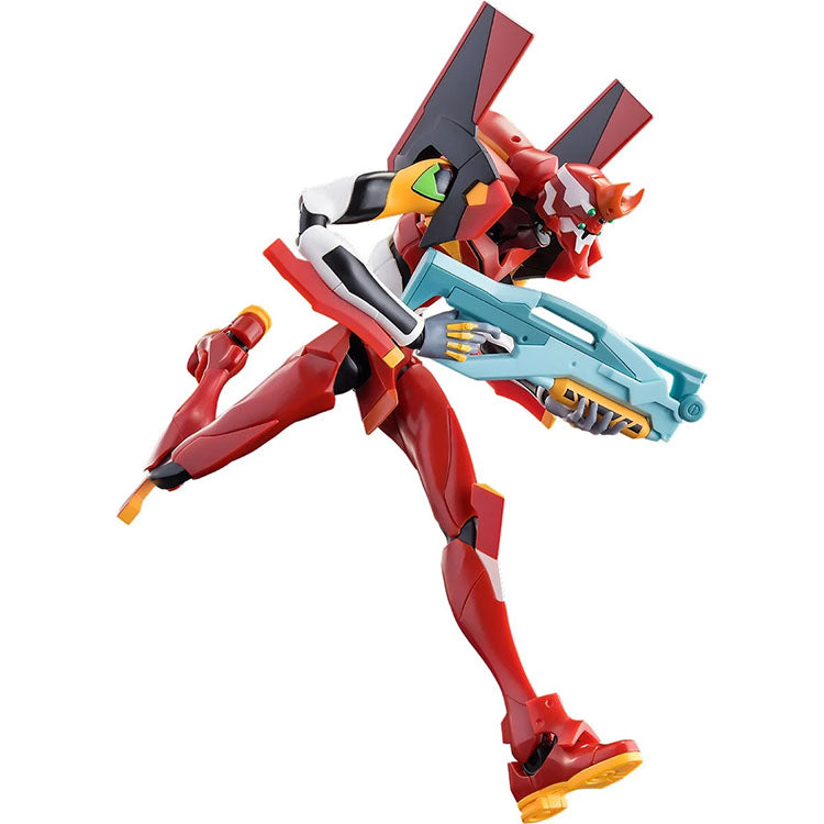 Hasbro Neon Genesis Evangelion Unit 02 Action Edition model kit posed dynamically with large blue weapon accessory.