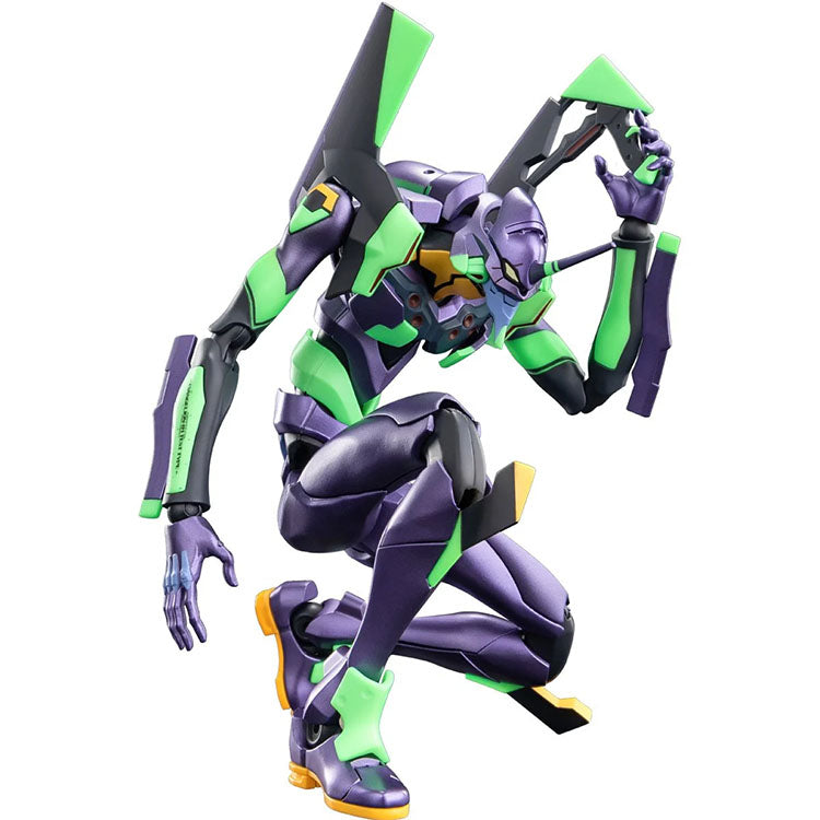 Hasbro Neon Genesis Evangelion Unit-01 model kit in dynamic crouching pose with purple and green details