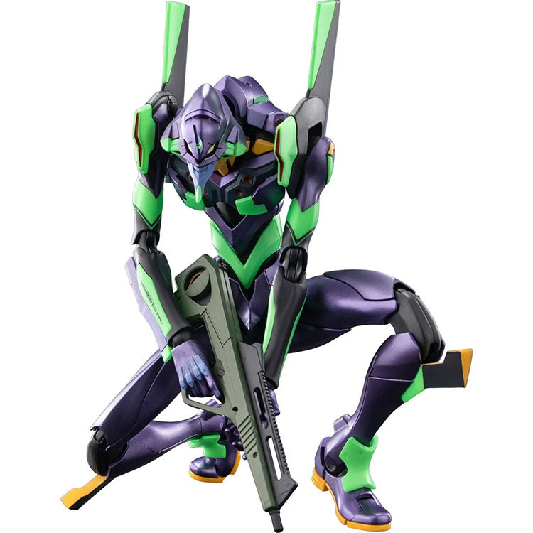 Hasbro Neon Genesis Evangelion Unit-01 Ultra Action Edition model kit in a dynamic crouching pose with weapon