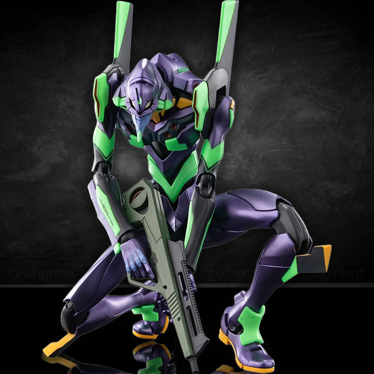 Neon Genesis Evangelion Unit-01 model kit by Hasbro in dynamic pose holding a rifle on black background