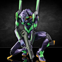 Neon Genesis Evangelion Unit-01 model kit by Hasbro in dynamic pose holding a rifle on black background