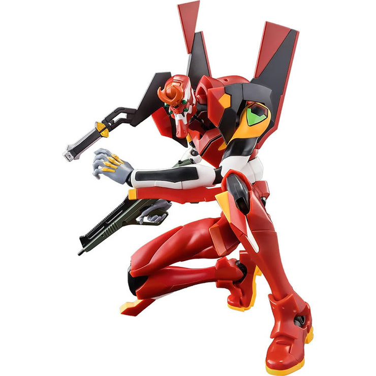 Hasbro Neon Genesis Evangelion Unit 02 Action Edition model kit posed with detailed red armor and weapons.