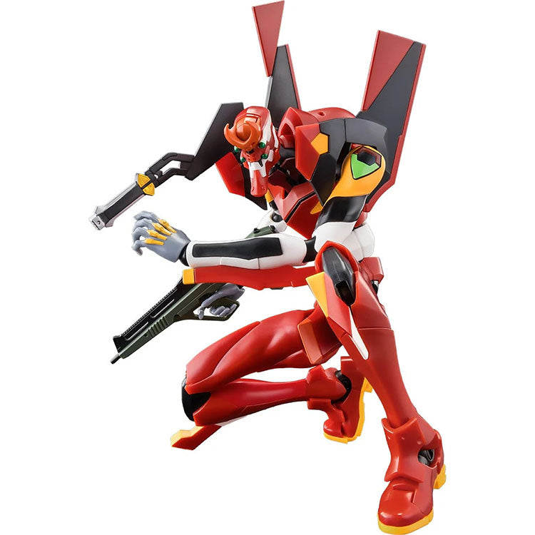 Hasbro Neon Genesis Evangelion Unit 02 Action Edition model kit posed with detailed red armor and weapons.