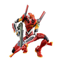 Hasbro Neon Genesis Evangelion Unit 02 Action Edition model kit posed holding a futuristic rifle weapon.