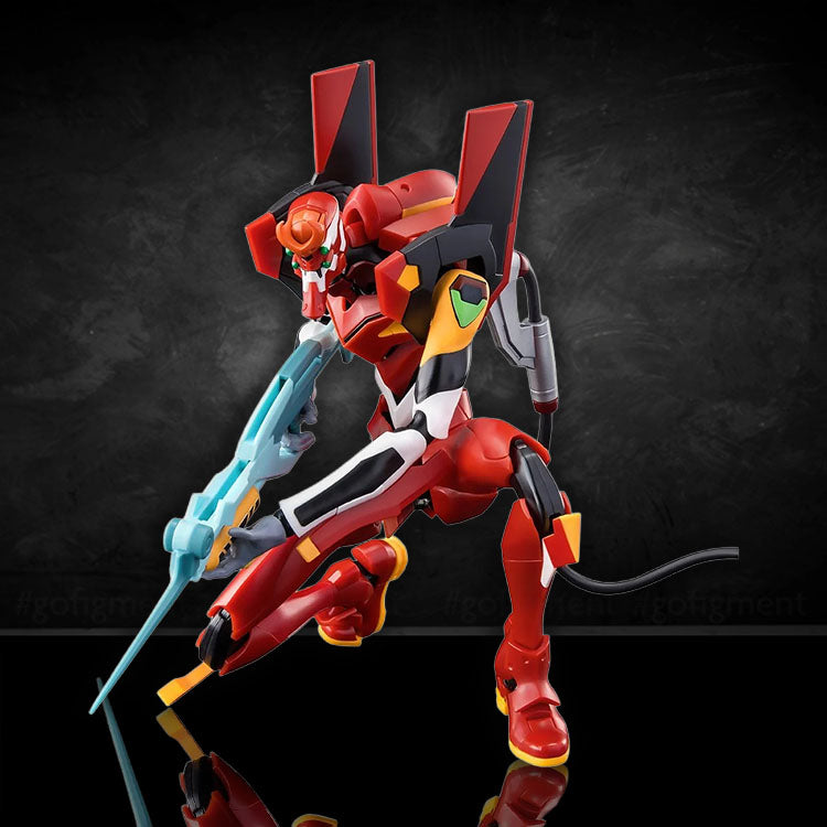Hasbro Neon Genesis Evangelion Unit 02 Action Edition Blokees Model Kit in dynamic pose with futuristic weapon on black background