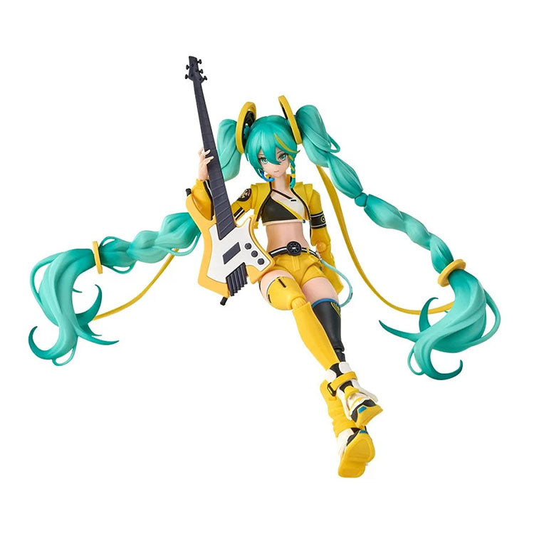 Hatsune Miku Vivid Echoes model kit by Blokees featuring dynamic pose and vibrant yellow outfit with electric guitar accessory