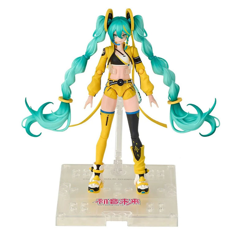 Hatsune Miku Vivid Echoes model kit by Blokees with turquoise twin tails and yellow and black outfit on display stand