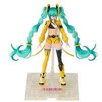 Hatsune Miku Vivid Echoes model kit by Blokees with turquoise twin tails and yellow and black outfit on display stand