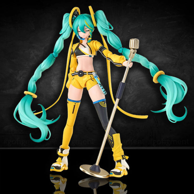 Hatsune Miku Vivid Echoes model kit by Blokees featuring dynamic pose with microphone stand and vibrant teal hair.