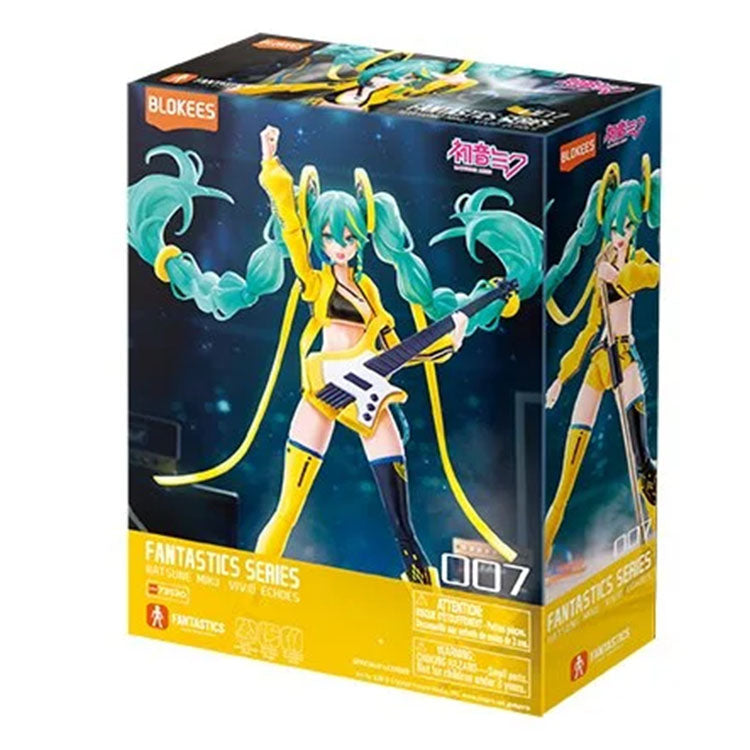 Blokees Hatsune Miku Vivid Echoes model kit from Fantastics Series featuring dynamic pose with guitar and teal twin tails
