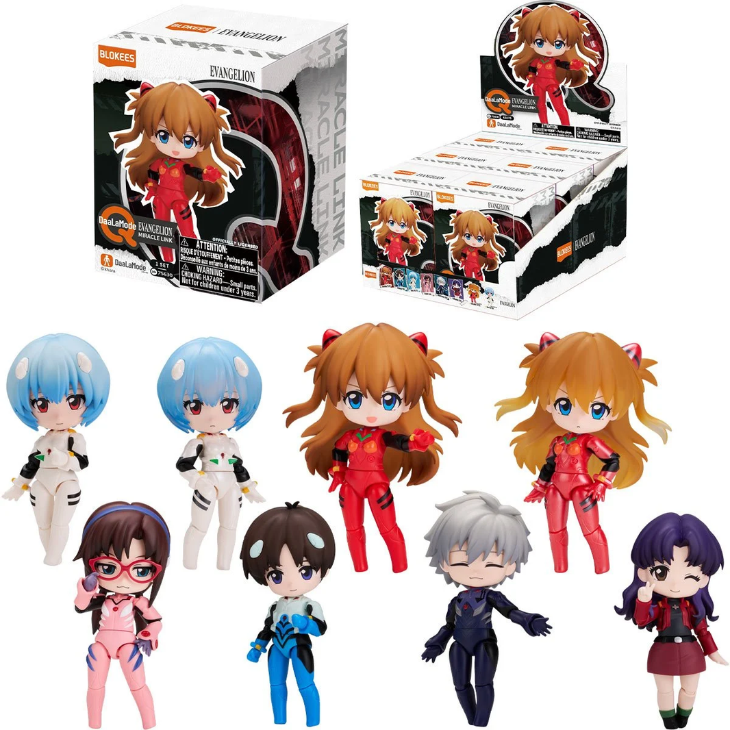 Evangelion character figures displayed with boxed Blokees packaging and colorful chibi designs