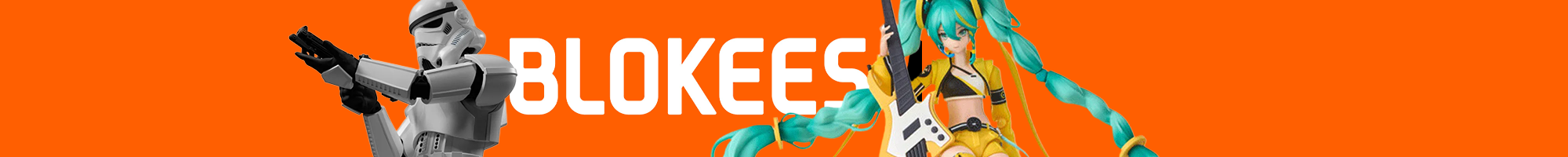 Orange background with white bold text saying Blokees, flanked by clone trooper figure on the left and anime-style character with turquoise hair on the right