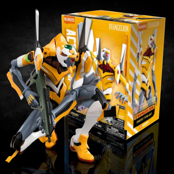 Neon Genesis Evangelion Proto Type-00 Blokees Action Edition Model Kit posed with box, detailed figure by Blokees collectible brand.