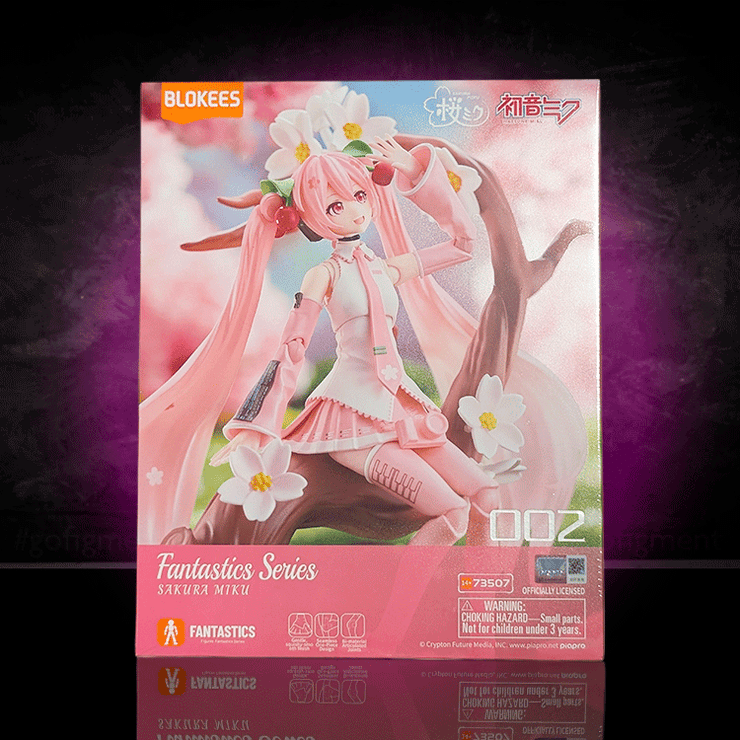 Blokees Fantastics Series Sakura Miku model kit with pink hair and cherry blossom details in a dynamic pose