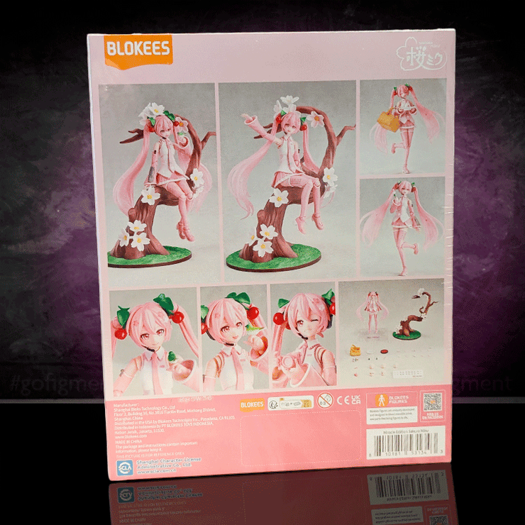 Blokees model kit featuring Sakura Miku in a cherry blossom scene with interchangeable expressions and accessories