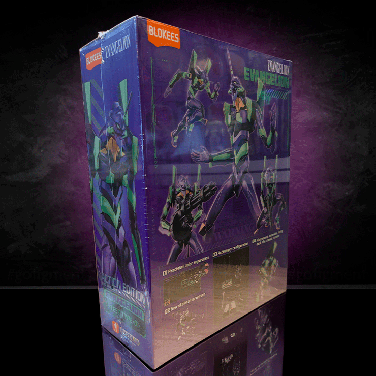 Hasbro Neon Genesis Evangelion Unit-01 Ultra Action Edition Blokees model kit packaging with colorful EVA Unit-01 images on purple background