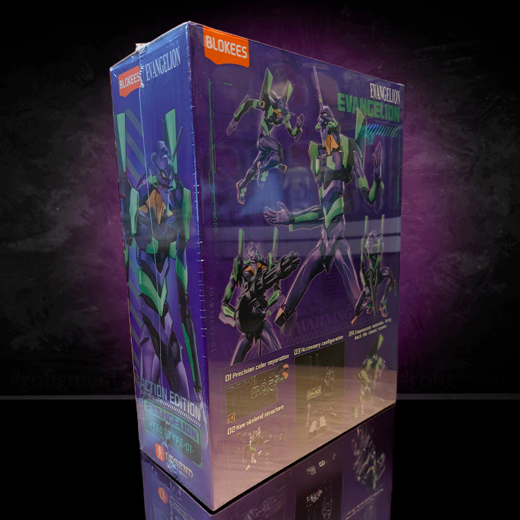 Hasbro Neon Genesis Evangelion Unit-01 Ultra Action Edition Blokees model kit packaging with colorful EVA Unit-01 images on purple background