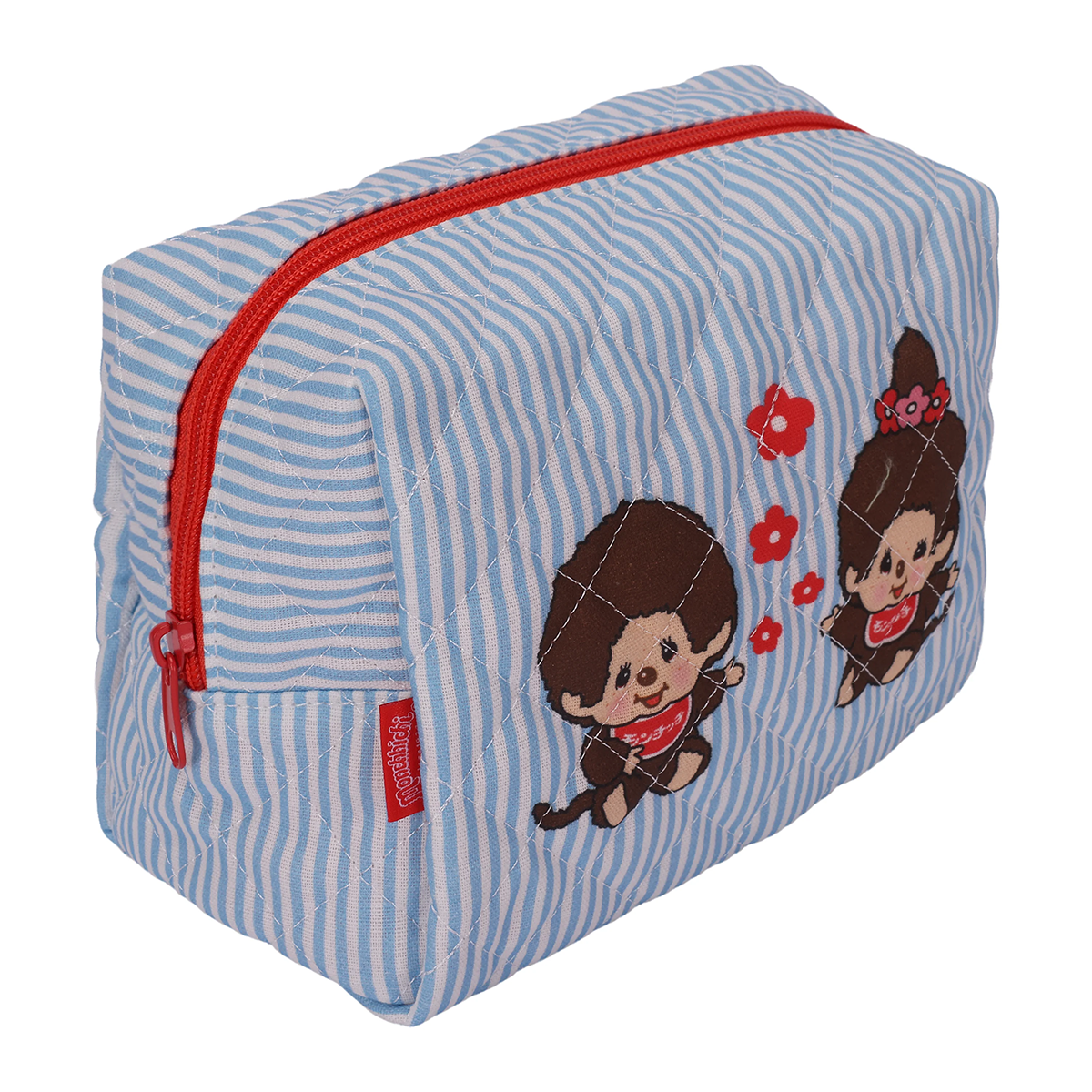 Monchhichi Blue Makeup Pouch Sekiguchi Accessory Pouch with red zipper and character print