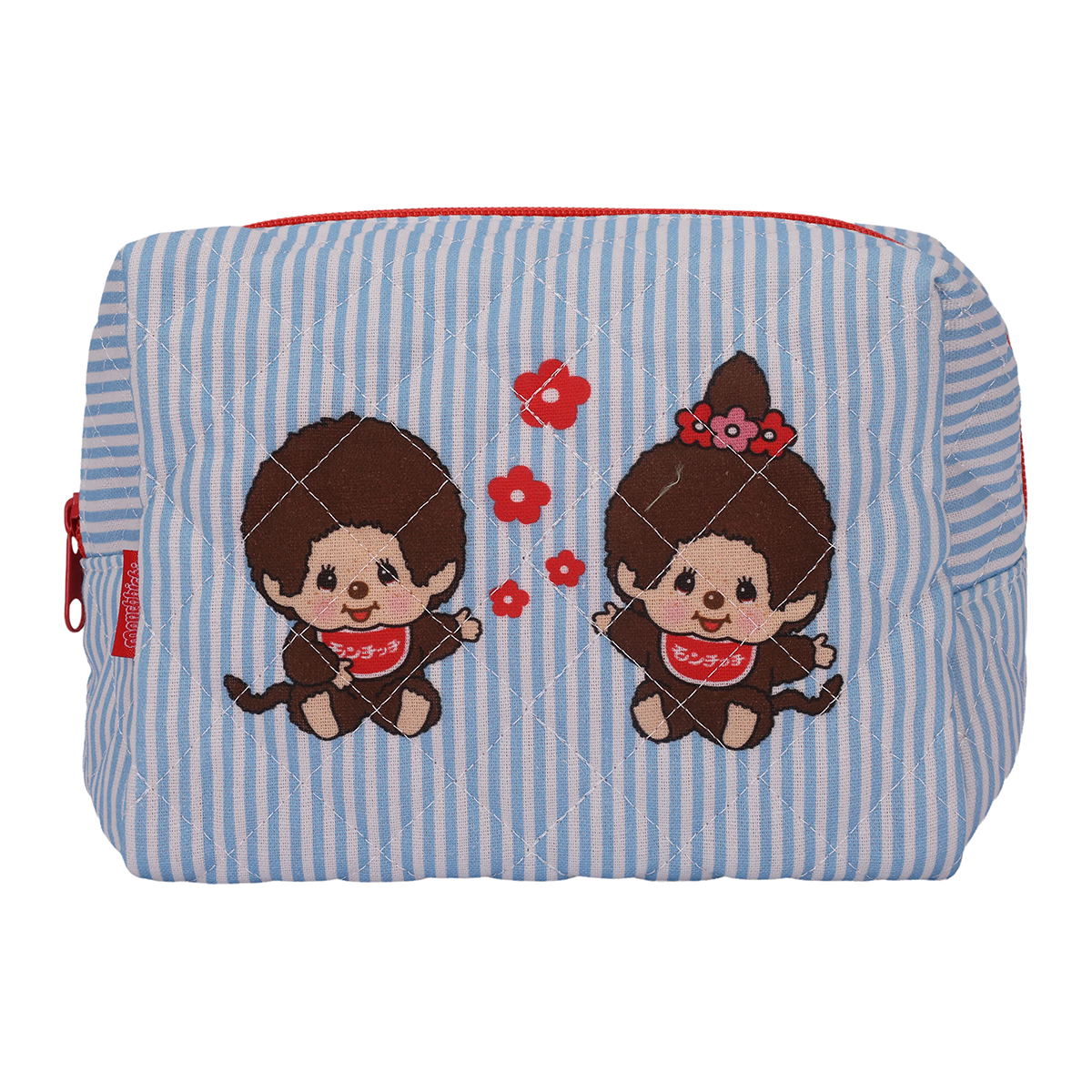 Monchhichi Blue Makeup Pouch Sekiguchi Accessory Pouch with two character designs on blue stripes